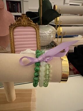 Handcrafted Green Beaded Bracelet Stack with Lavender Ribbon optional.